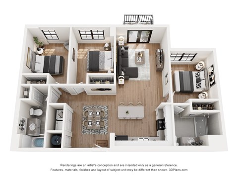 Floor plan for 3 beds, 2 baths, 1196 sqft